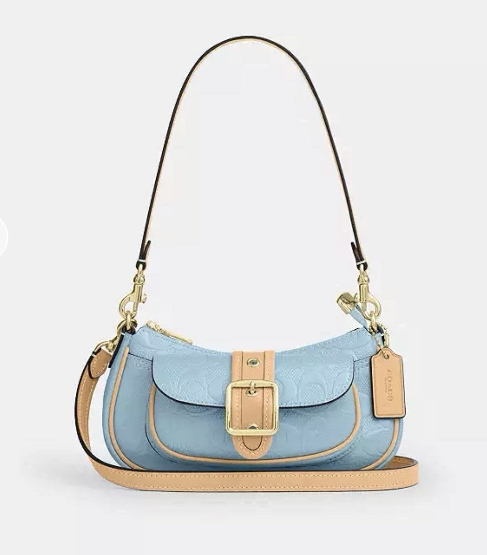 NWT *SEALED* COACH Ashton Mini Shoulder Bag In Signature Leather Gold/Light Blue