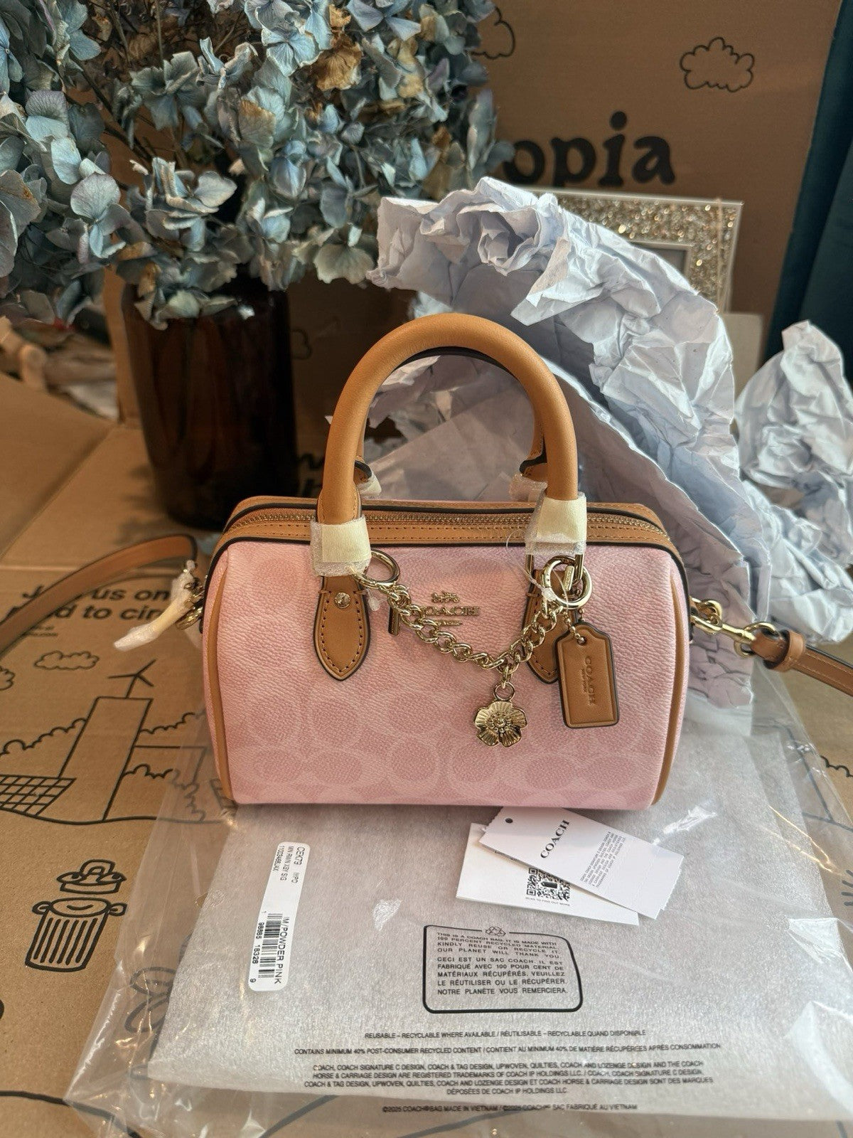 Coach Mini Rowan Bag In Signature With Charms in Powder Pink CEK79 NWT