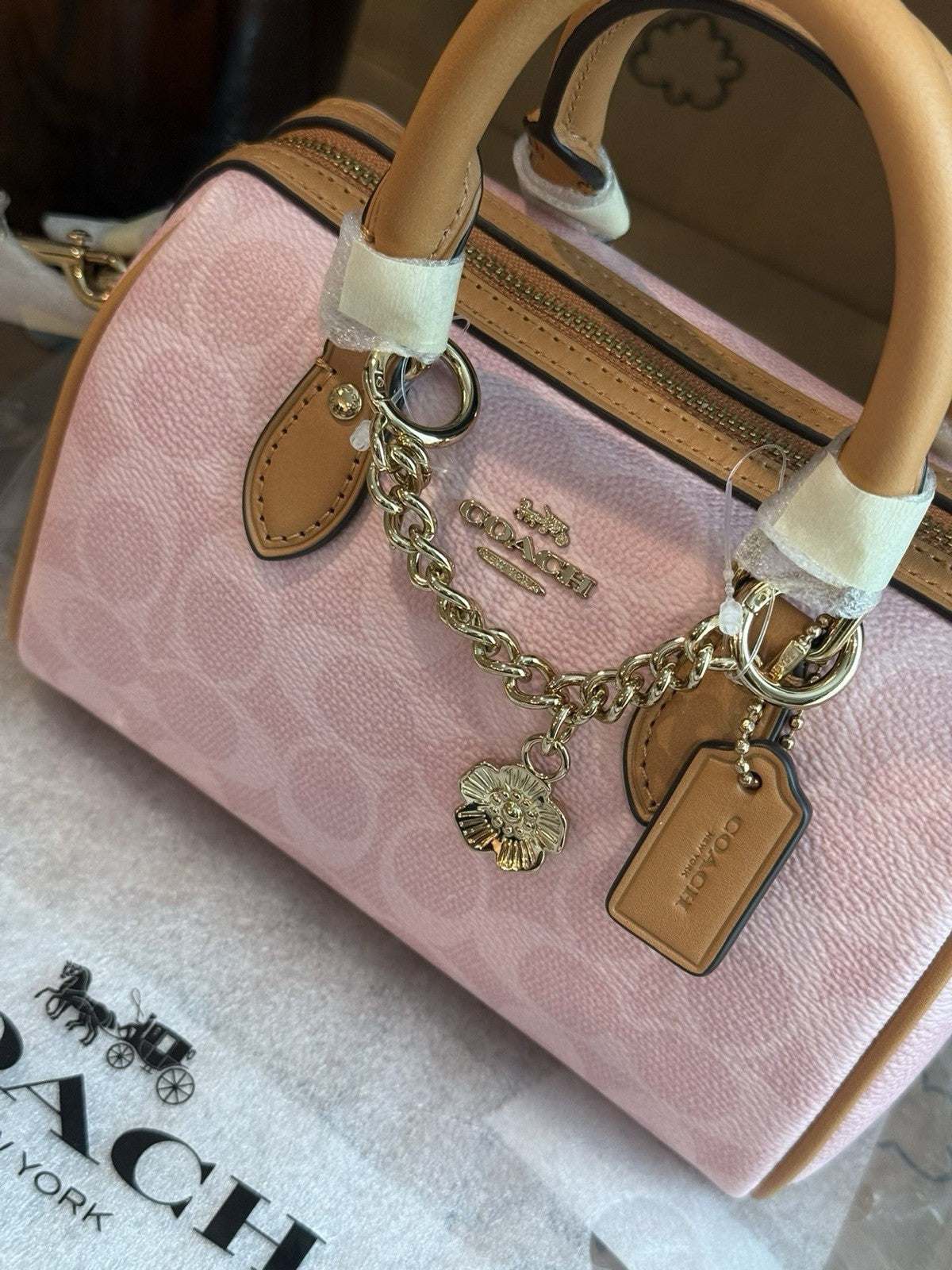 Coach Mini Rowan Bag In Signature With Charms in Powder Pink CEK79 NWT