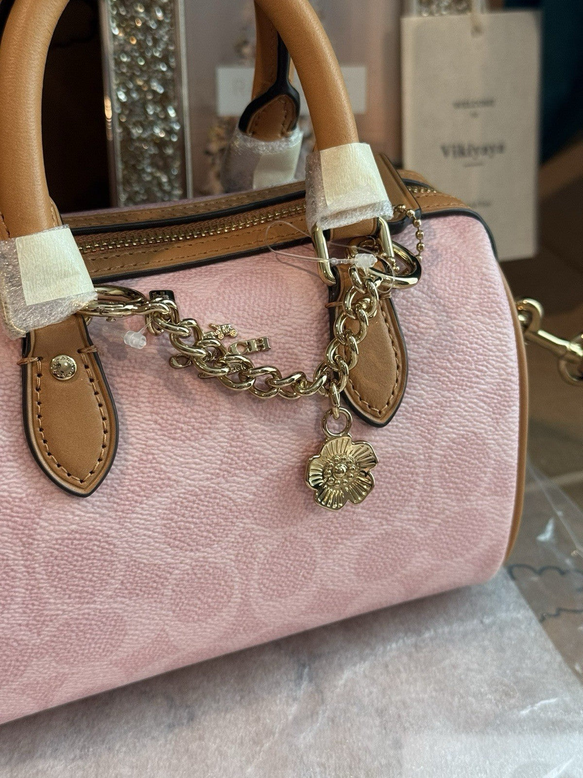 Coach Mini Rowan Bag In Signature With Charms in Powder Pink CEK79 NWT