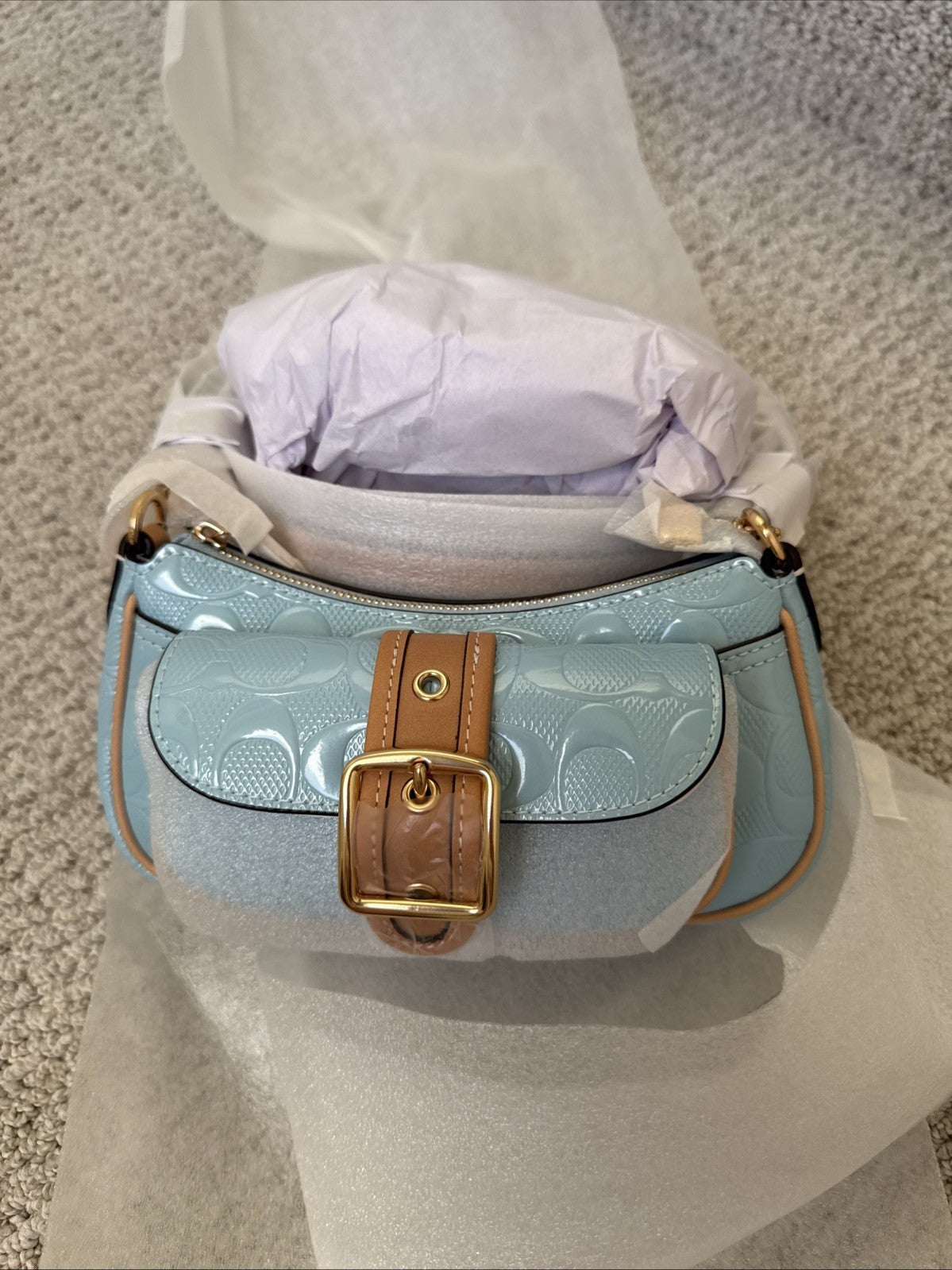 NWT *SEALED* COACH Ashton Mini Shoulder Bag In Signature Leather Gold/Light Blue