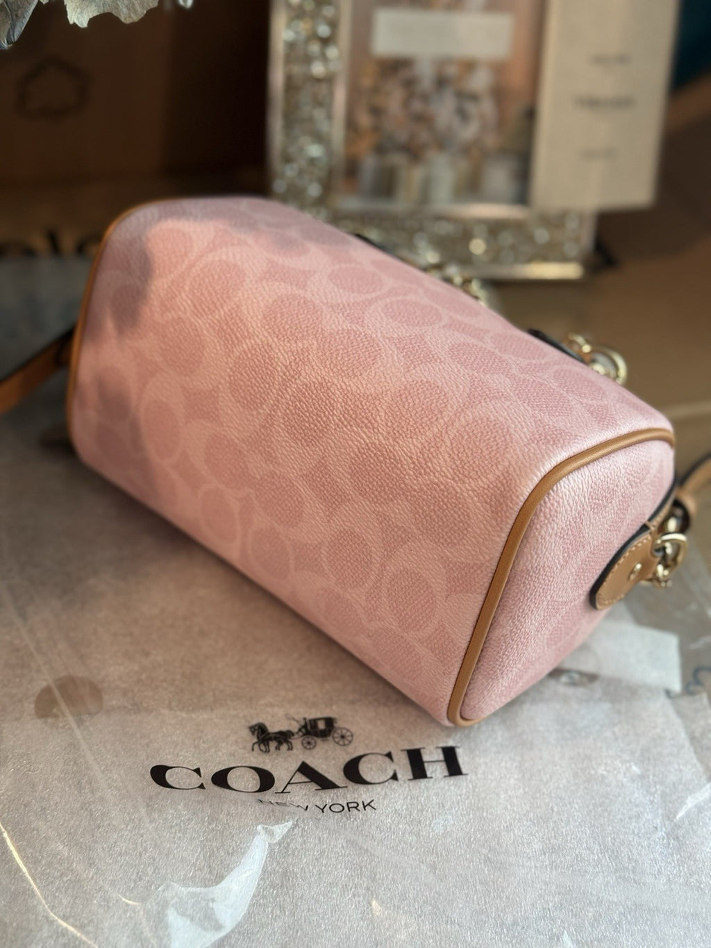 Coach Mini Rowan Bag In Signature With Charms in Powder Pink CEK79 NWT