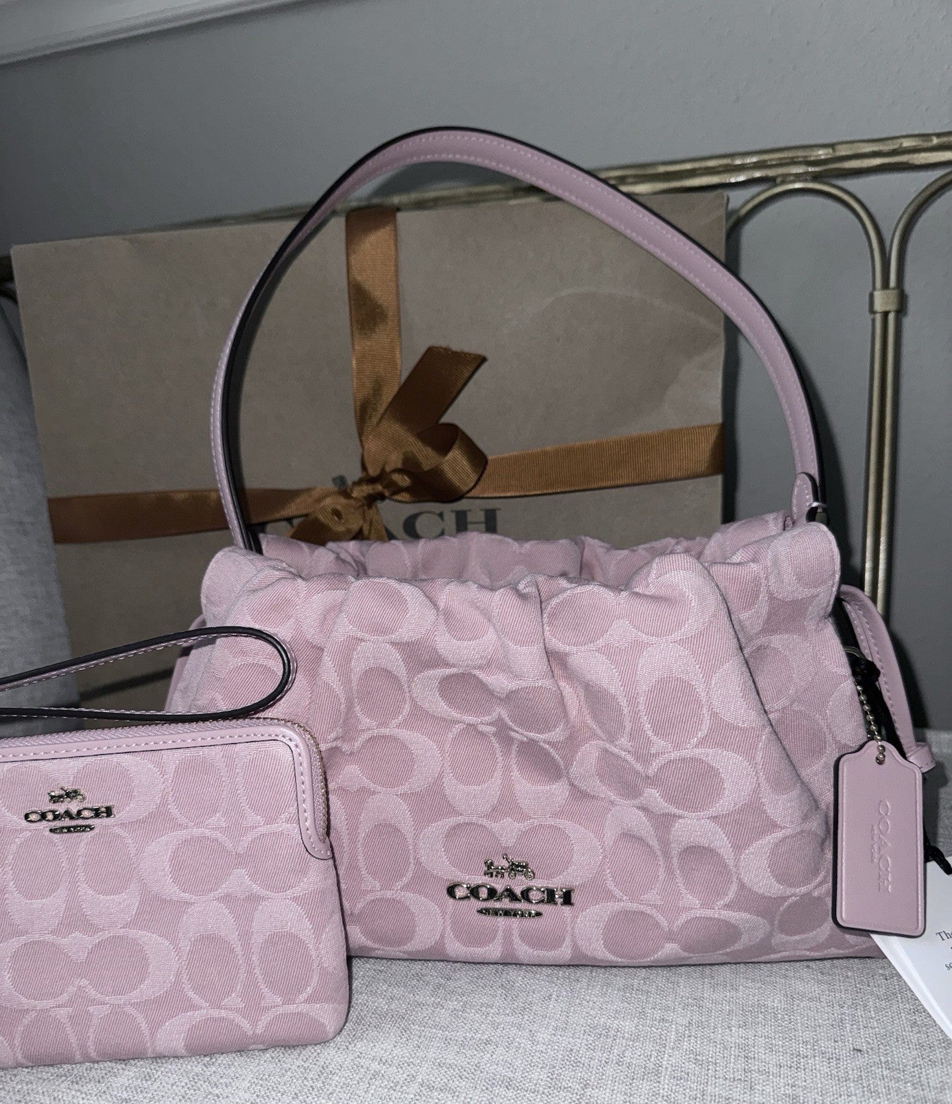 RARE NEW Coach Signature Pink Denim Faye & Wristlet Set SOLDOUT SHIPS TODAY